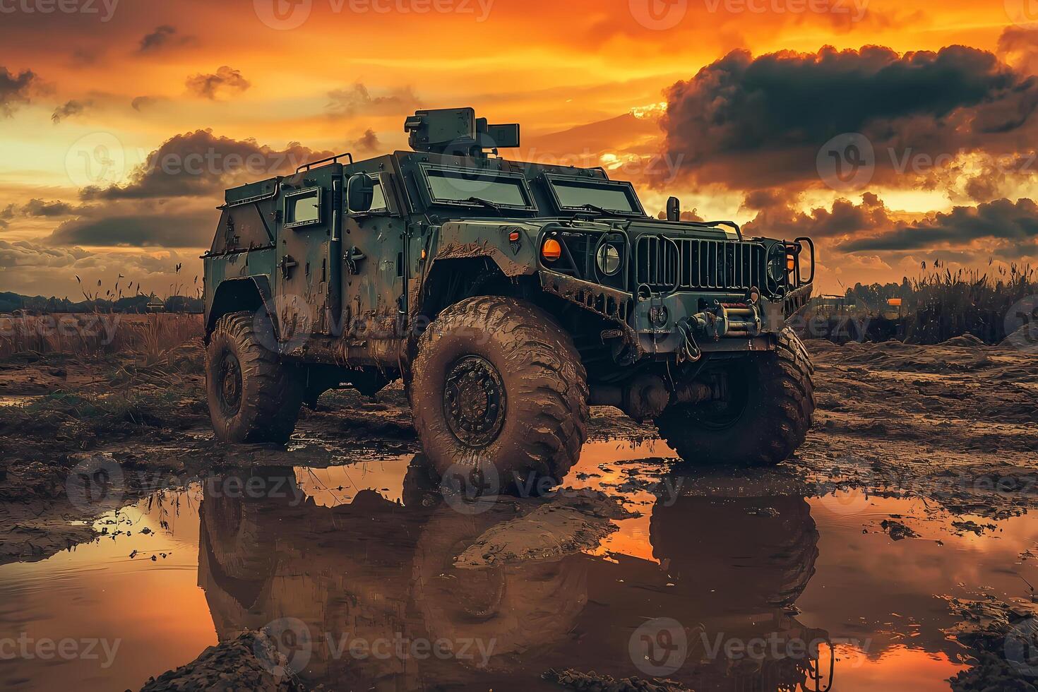 Military vehicle conquering muddy terrain at sunset photo
