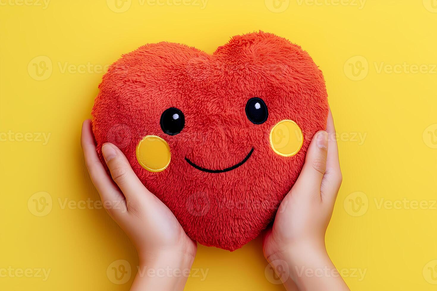 Child hands holding smiling red heart cushion on yellow background photo