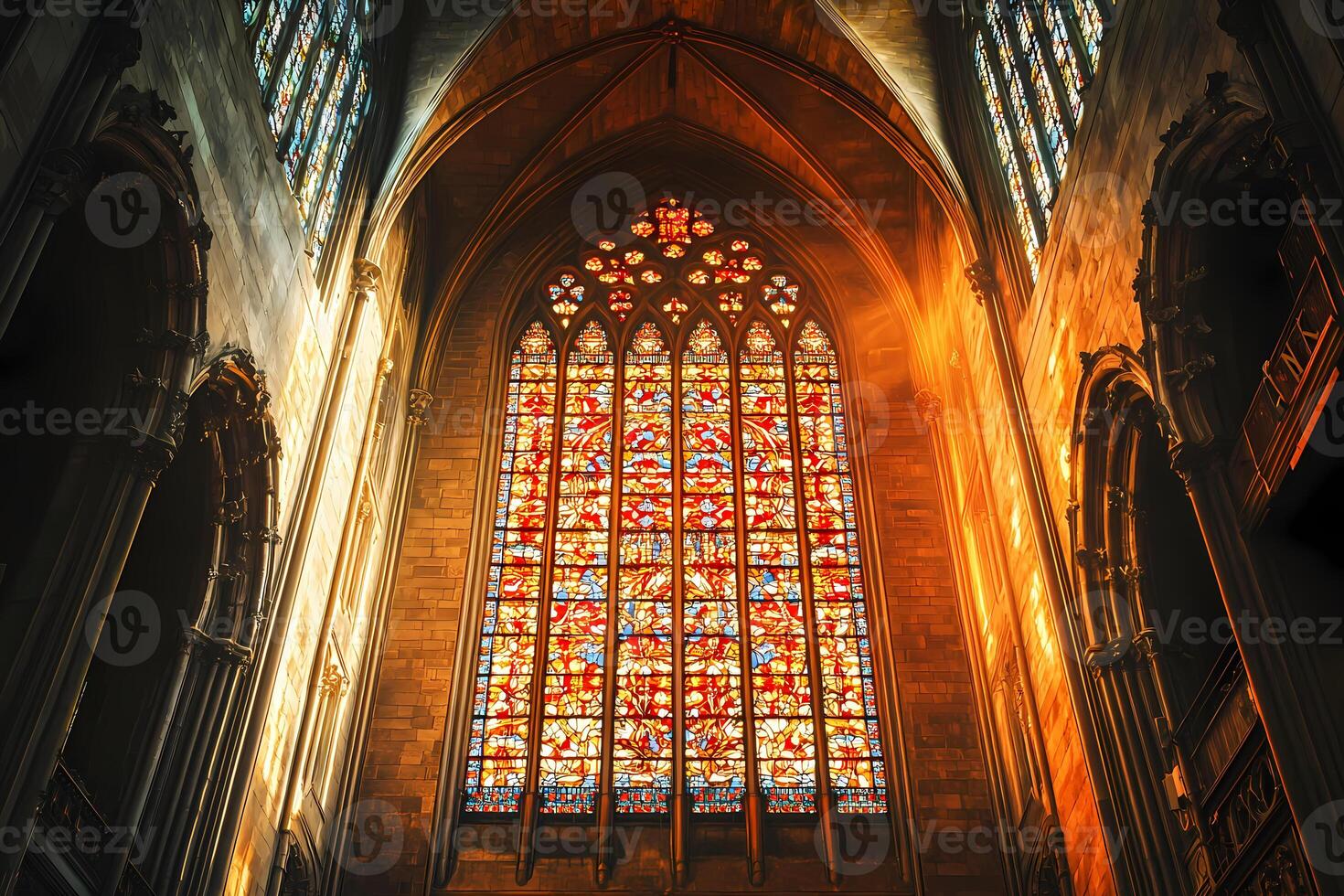 Sunlight shining through colorful stained glass window in gothic cathedral photo