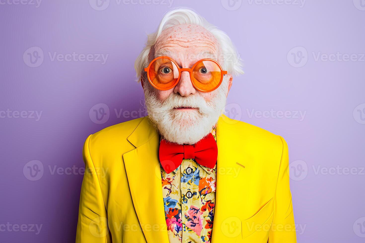 Stylish senior man wearing colorful clothes and orange glasses posing on purple background photo