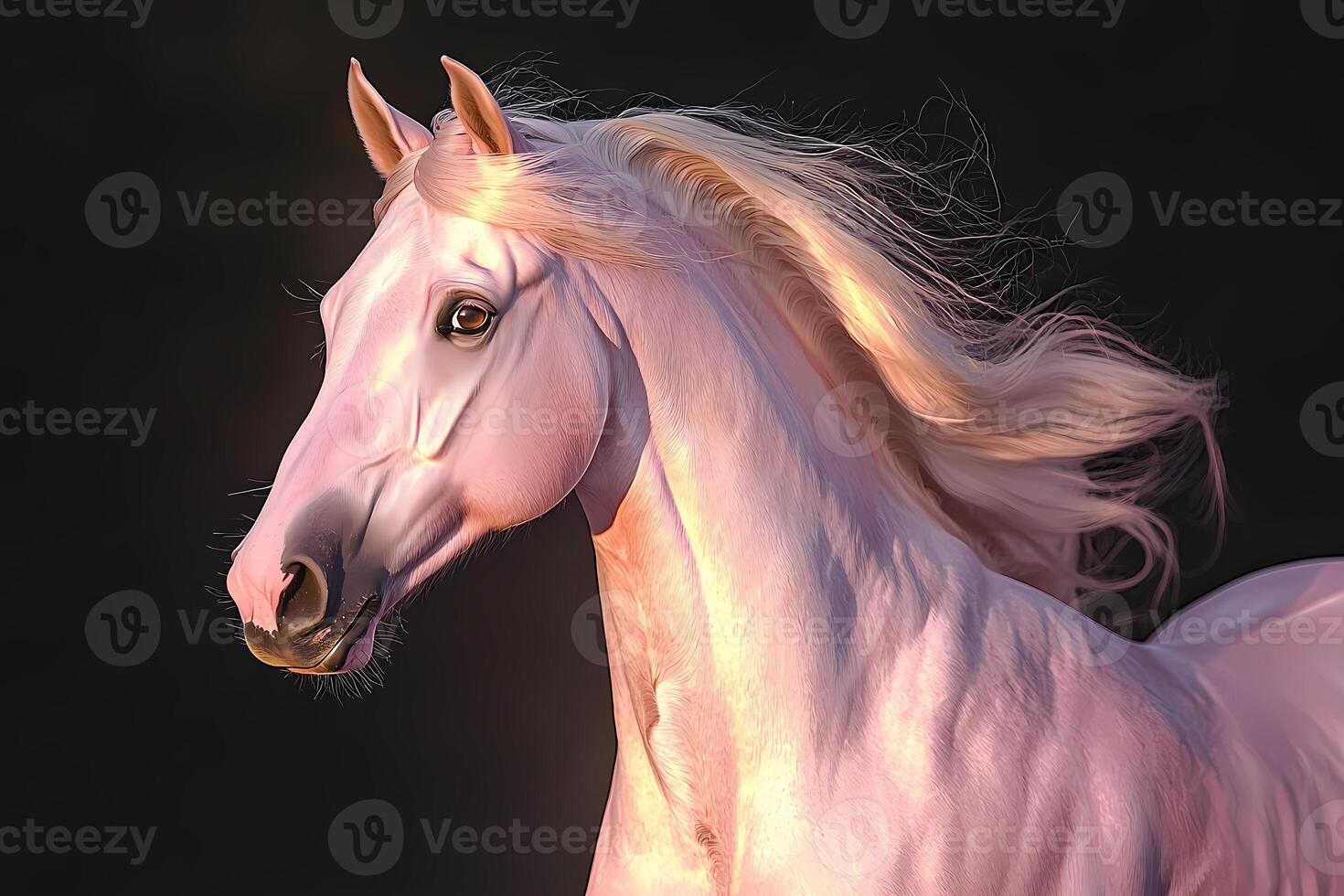White horse running with mane flowing in the wind photo