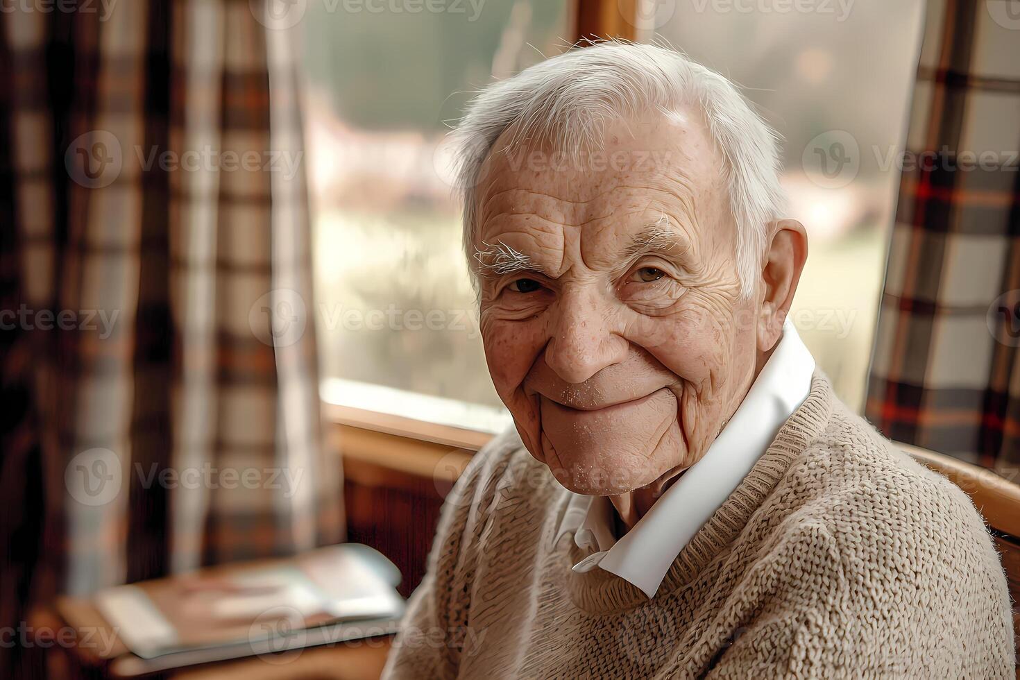 Elderly man smiling serenely by the window in his home photo