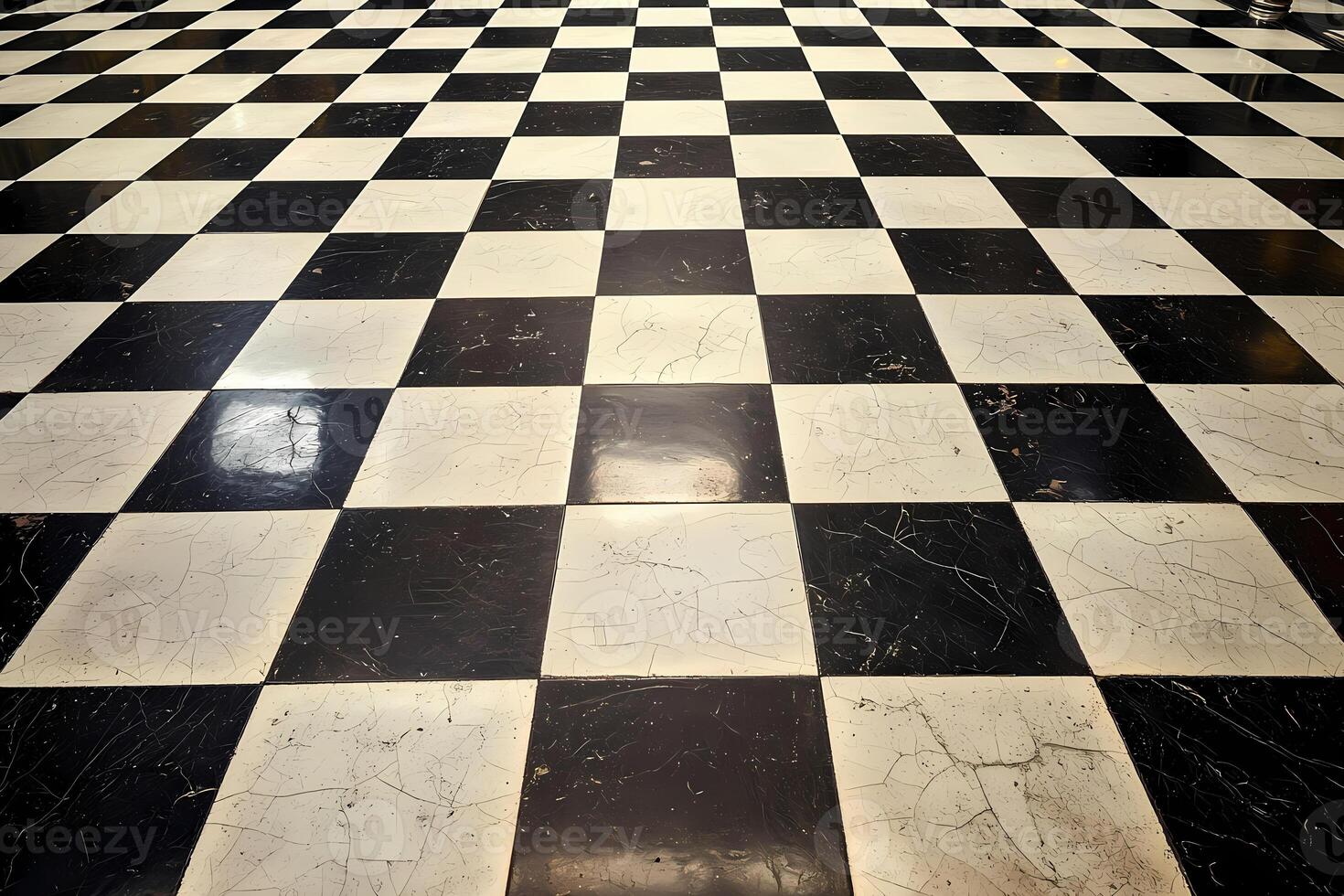 Shiny checkered marble floor reflecting light creating classic pattern photo