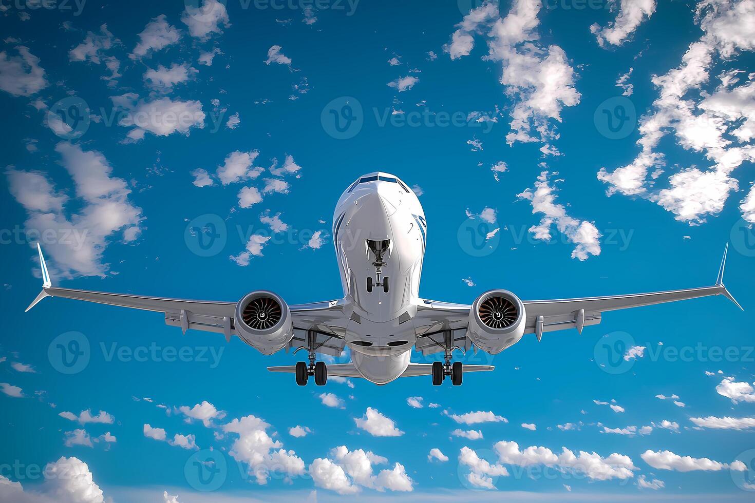 Modern passenger airplane flying in cloudy sky photo