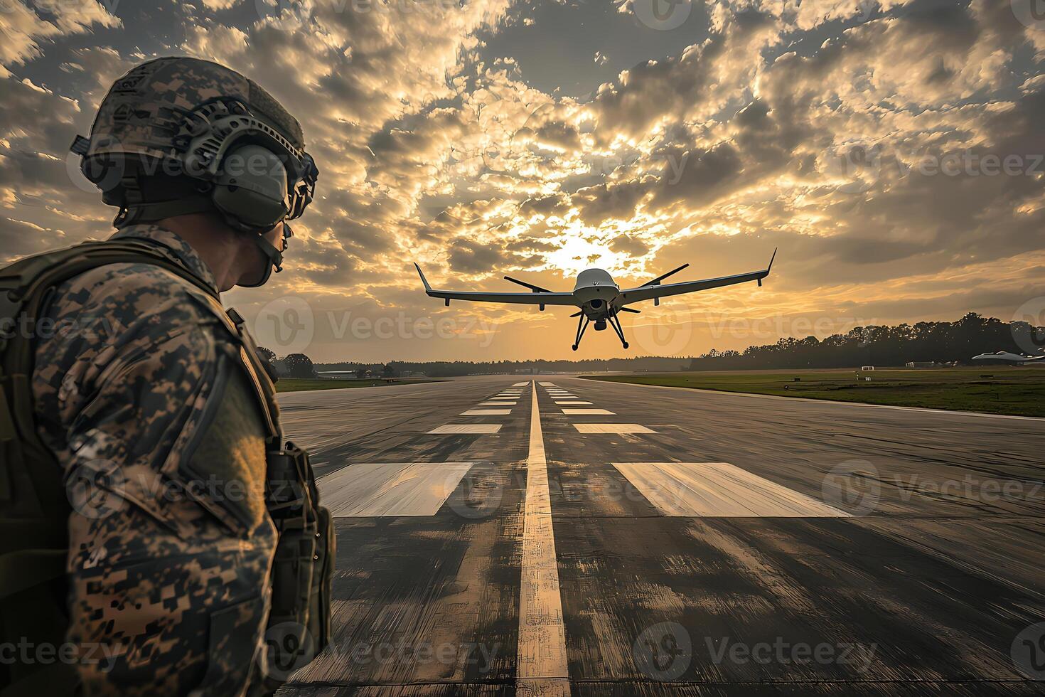 Soldier watching military drone landing on airstrip at sunset photo
