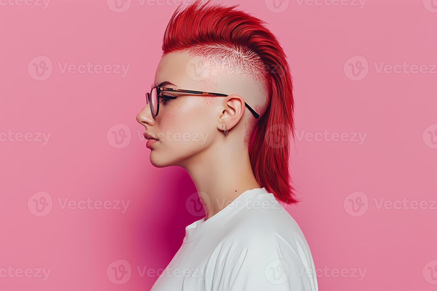 Young woman with red mohawk and glasses posing on pink background photo