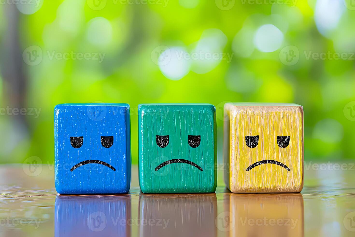 Colorful wooden cubes showing negative emotions on table photo