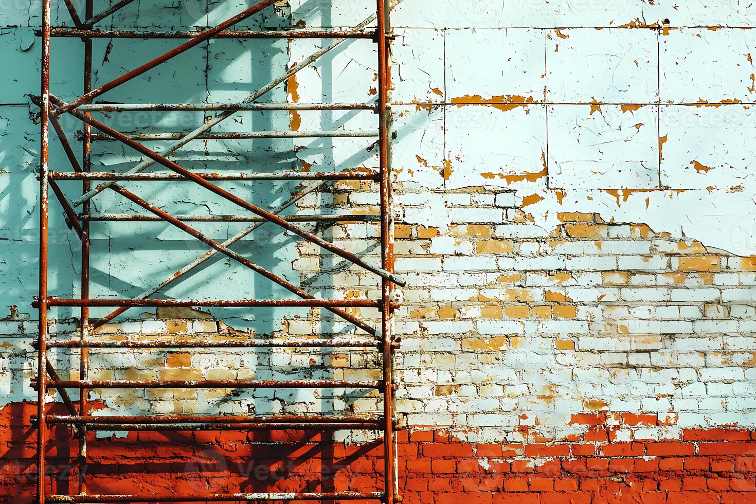Scaffolding casting shadows on weathered brick wall during building renovation photo