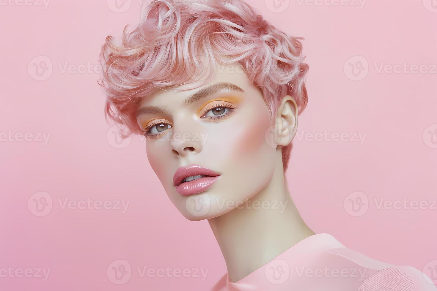 Fashionable young woman with pink hair styling photo
