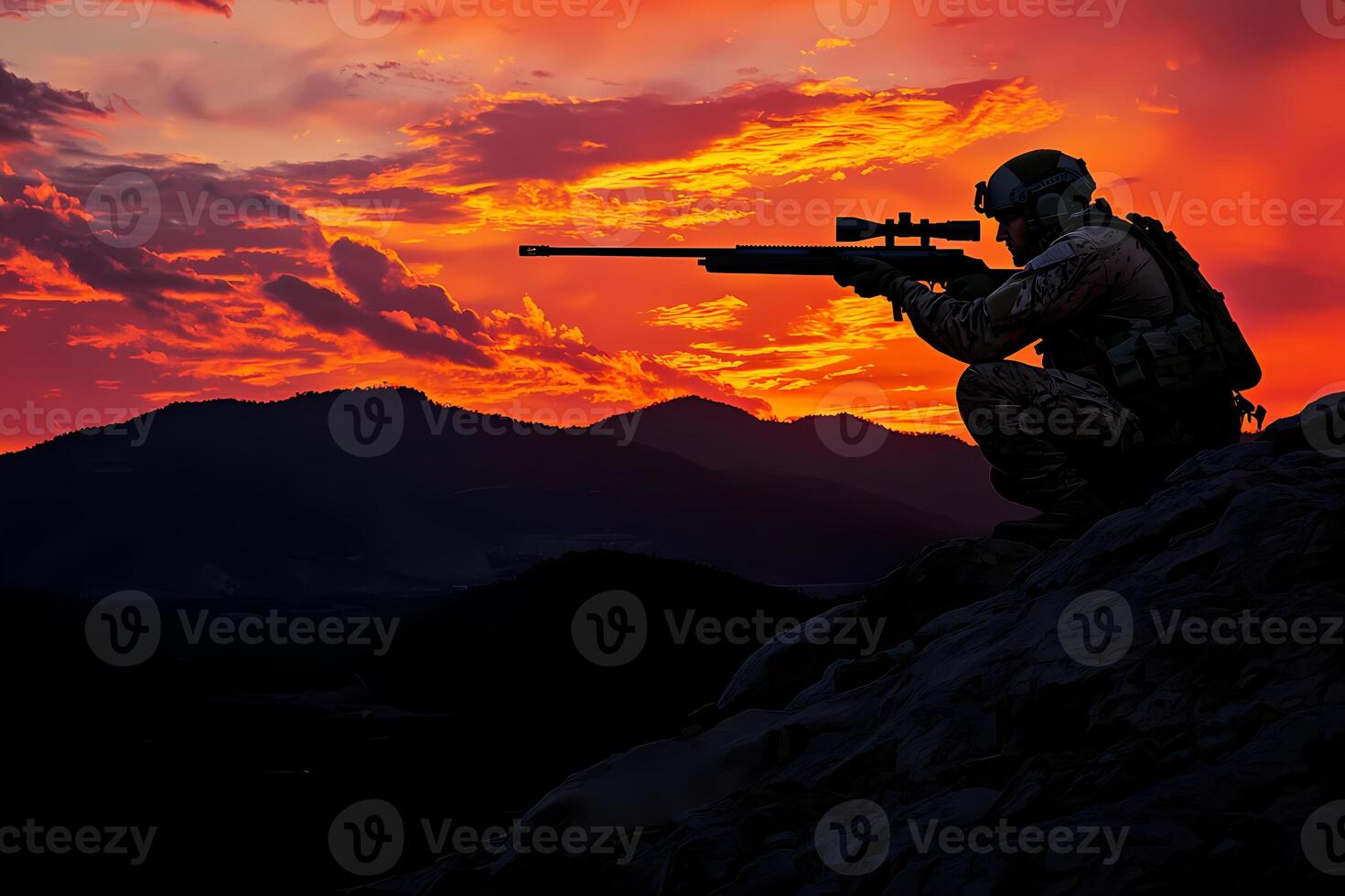 Army sniper aiming with his rifle at sunset in the mountains photo