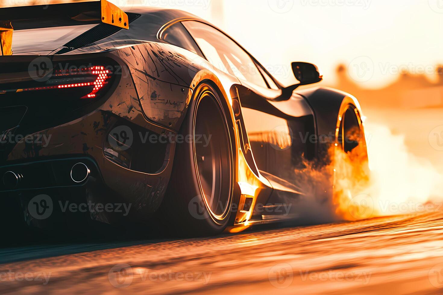 Sports car burning rubber on a track at sunset photo