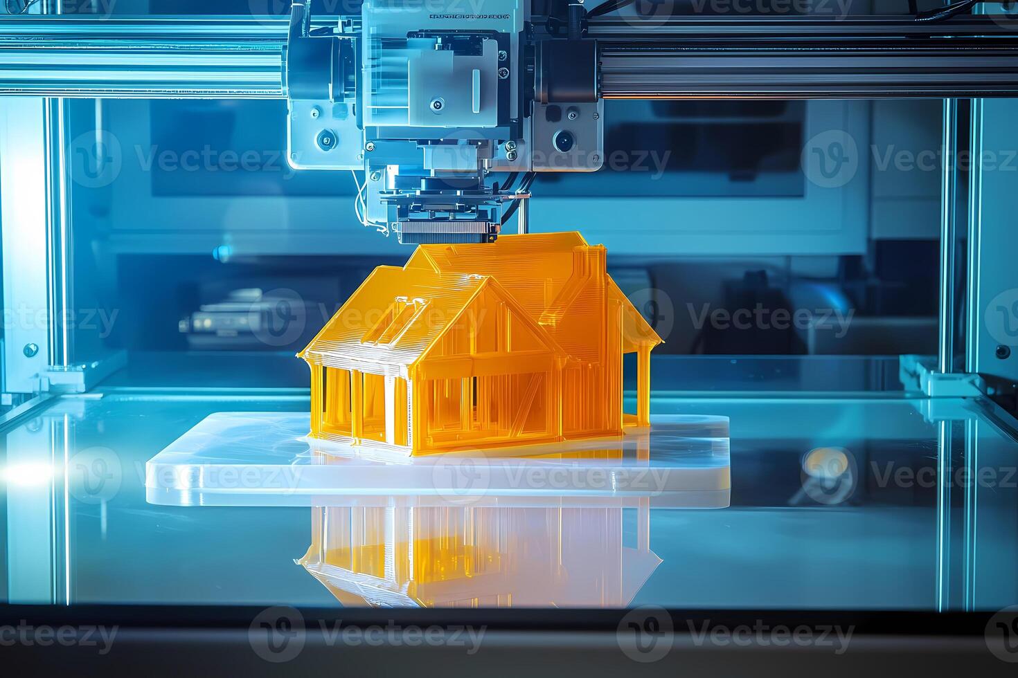 3d printer creating modern house model with innovative technology photo
