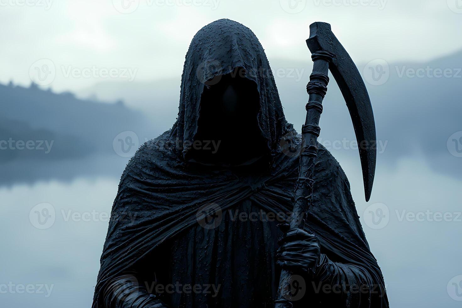 Angel of death holding scythe in a foggy landscape photo