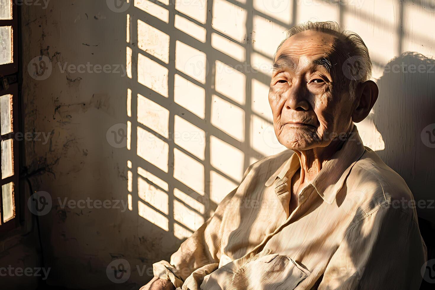 Senior man sitting in sunlight by window with bars shadow photo