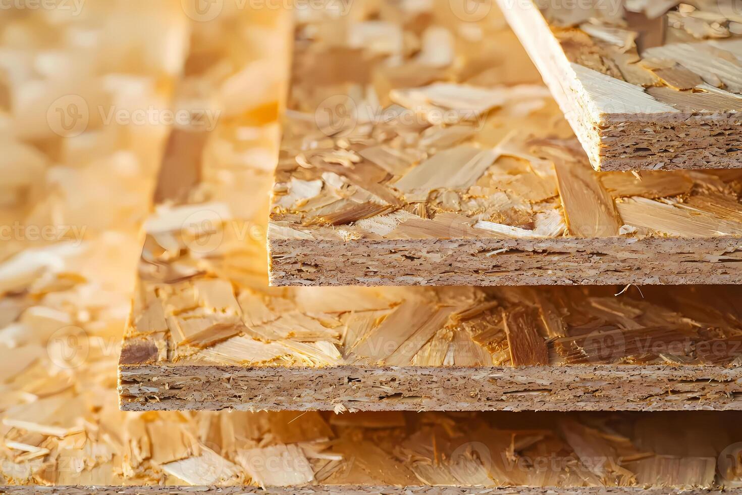 Close up of stacked oriented strand board showing wood chips and layers photo