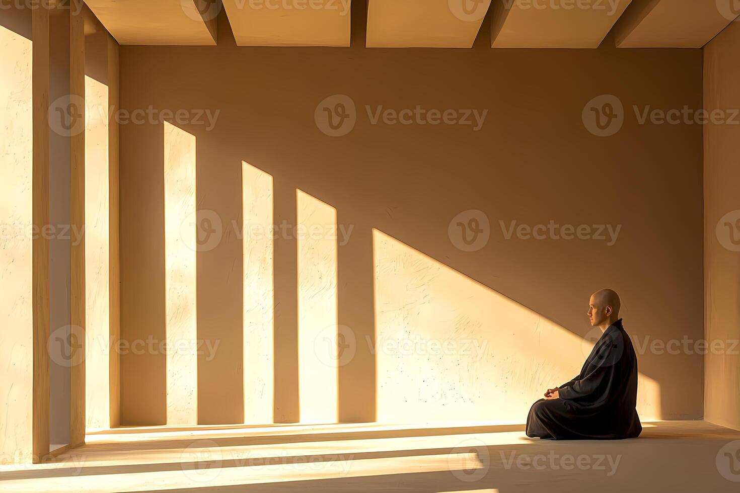 Buddhist monk meditating in a minimalist room with sunlight beams photo