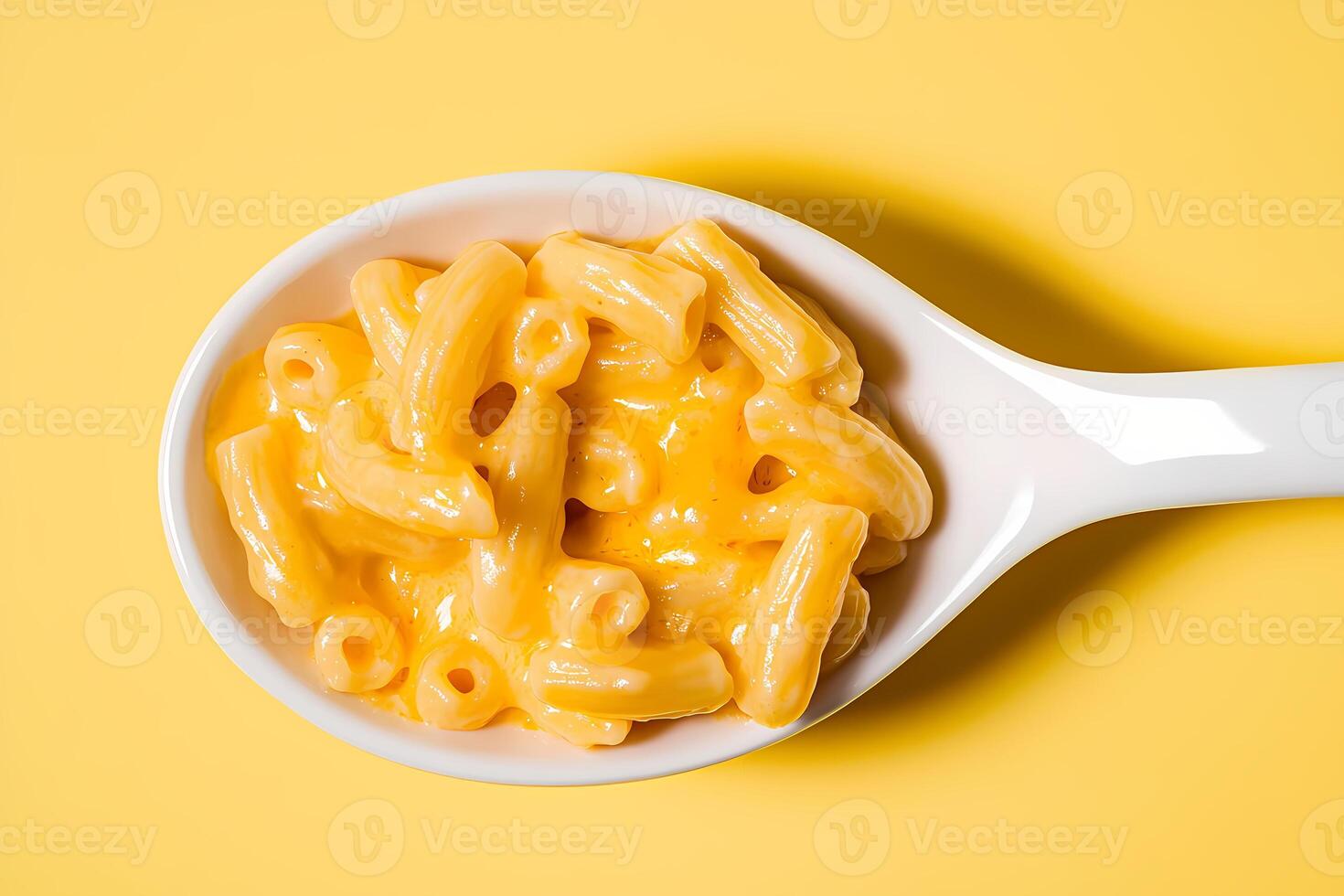 Mac and cheese being served on a white spoon over yellow background photo