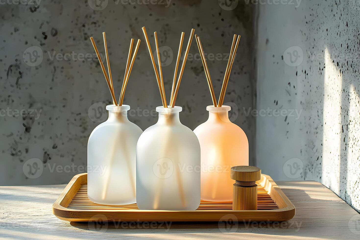 Aromatic diffuser bottles releasing fragrance into room photo