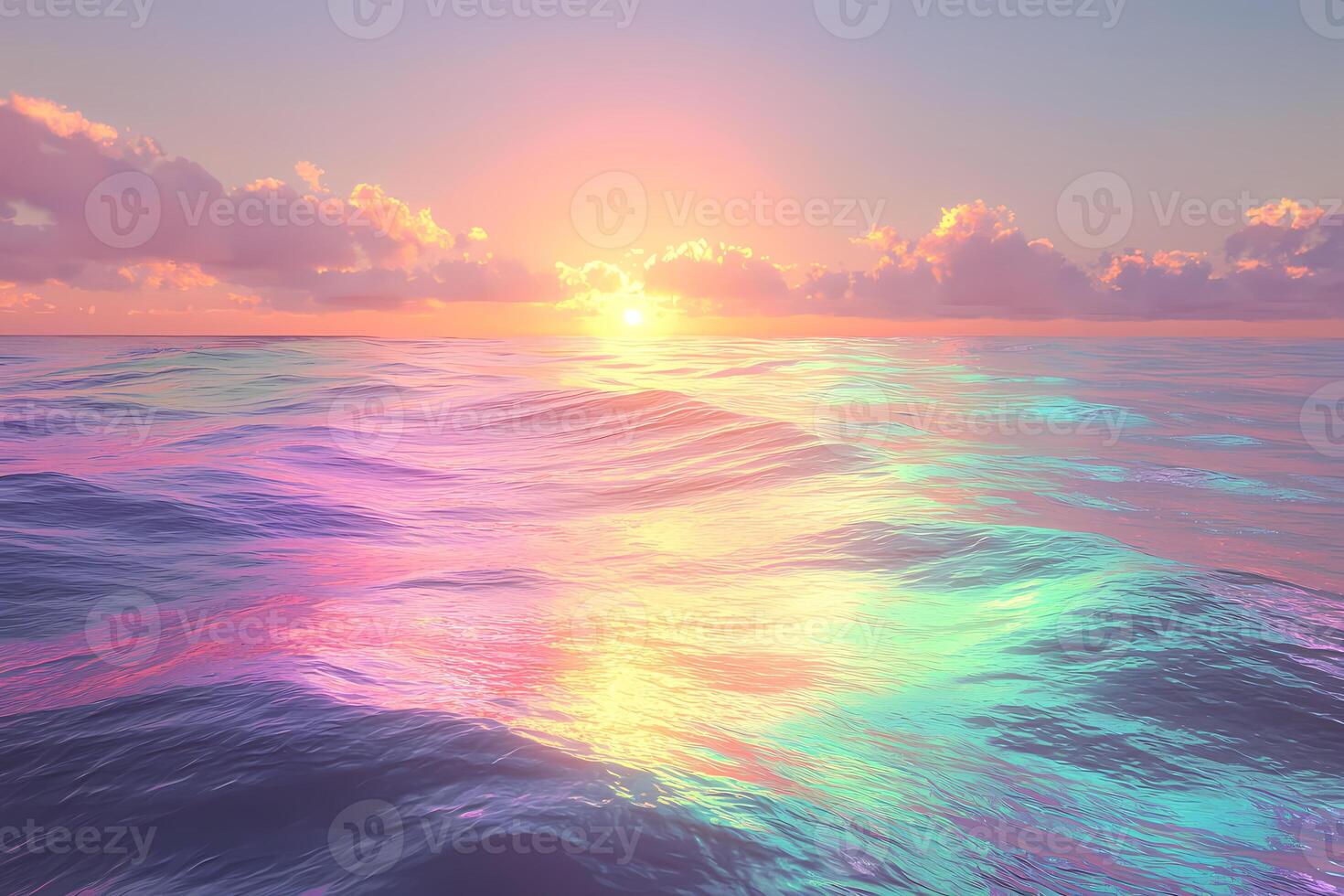 Pastel sunset reflecting on colorful ocean waves with clouds photo