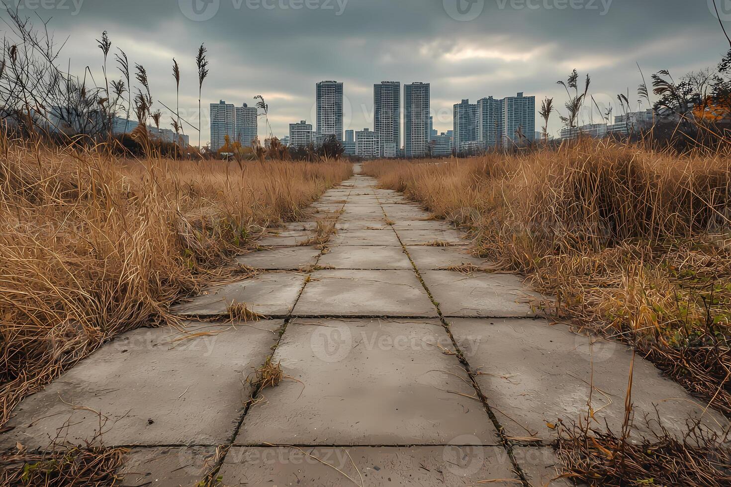 Concrete path leading to urban skyline through overgrown field photo