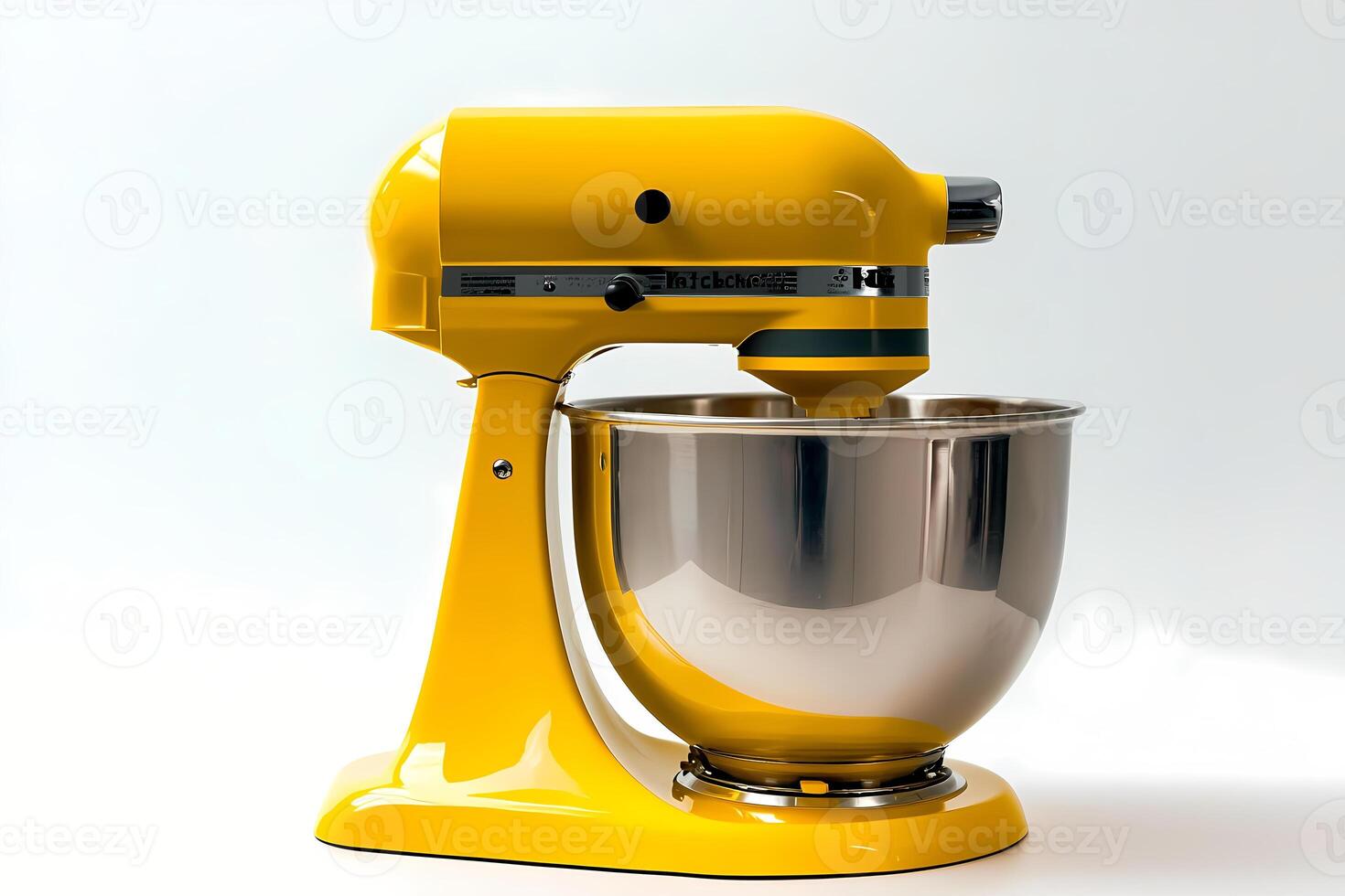 Yellow stand mixer with stainless steel bowl on white background photo