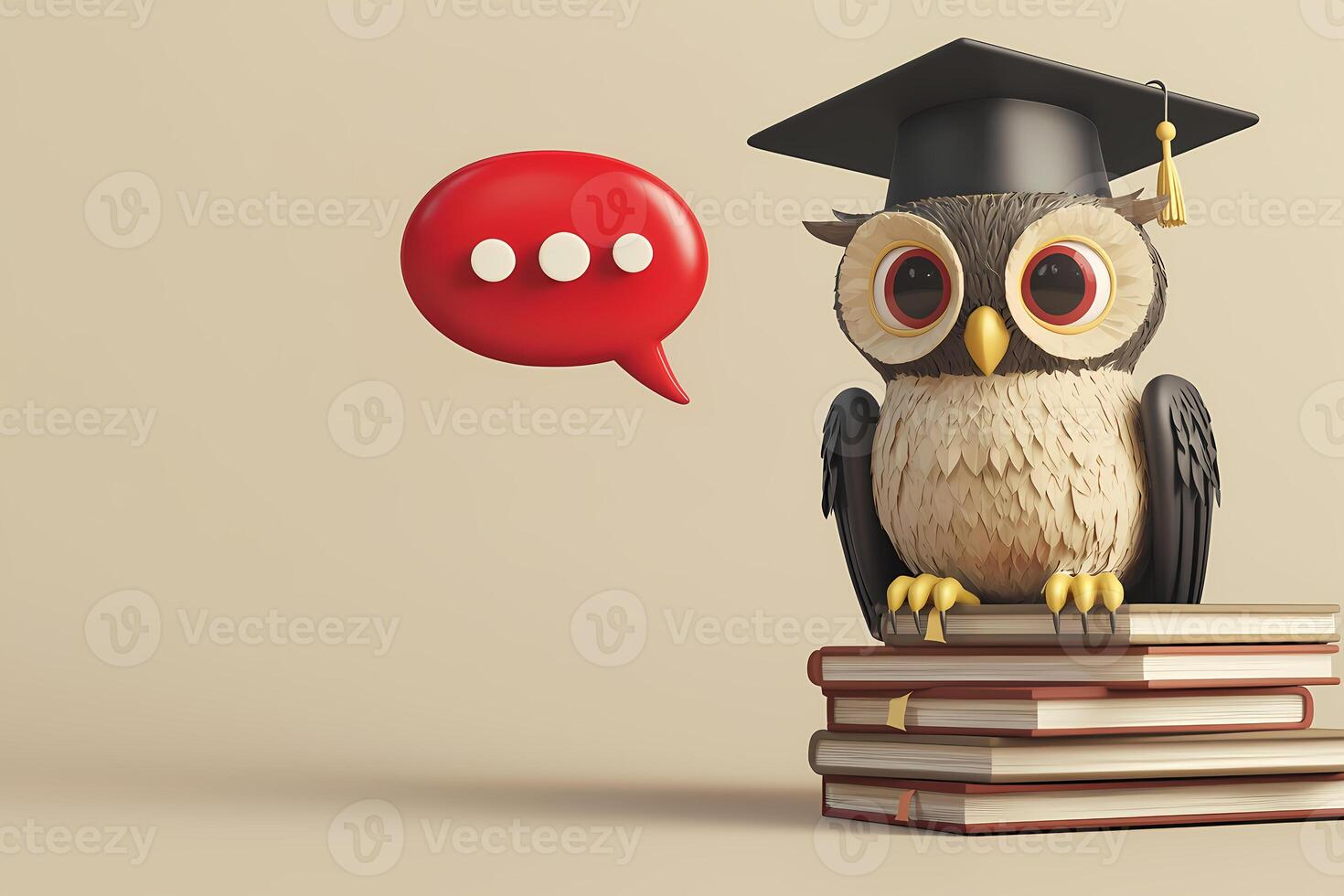 Wise owl wearing graduation cap sitting on books with speech bubble photo