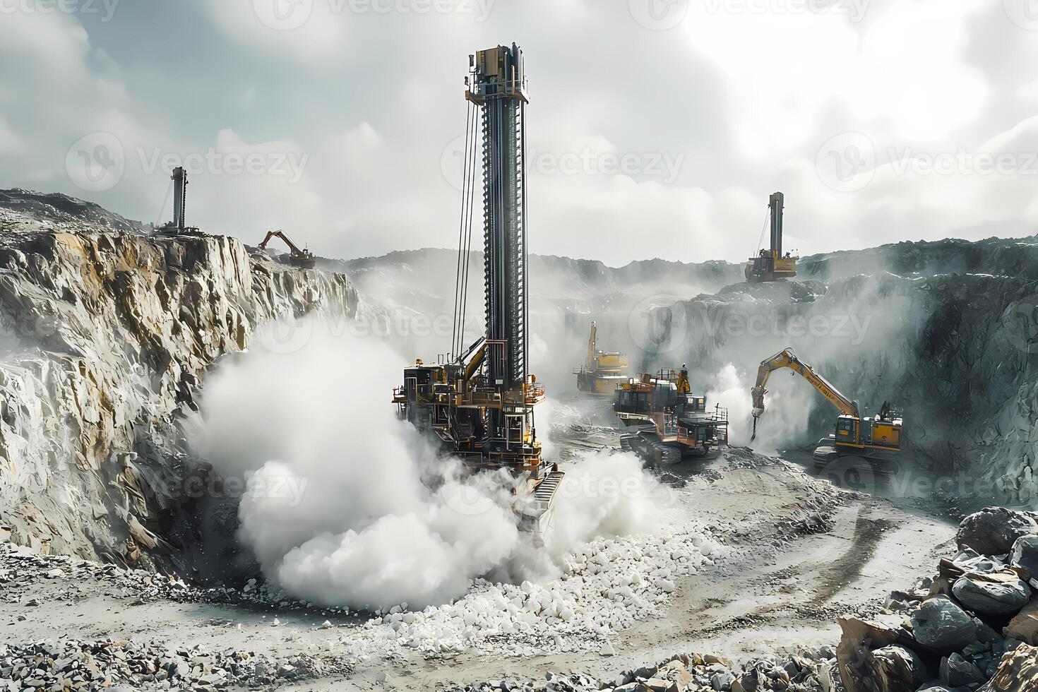 Drilling rig creating dust cloud in open pit mine photo