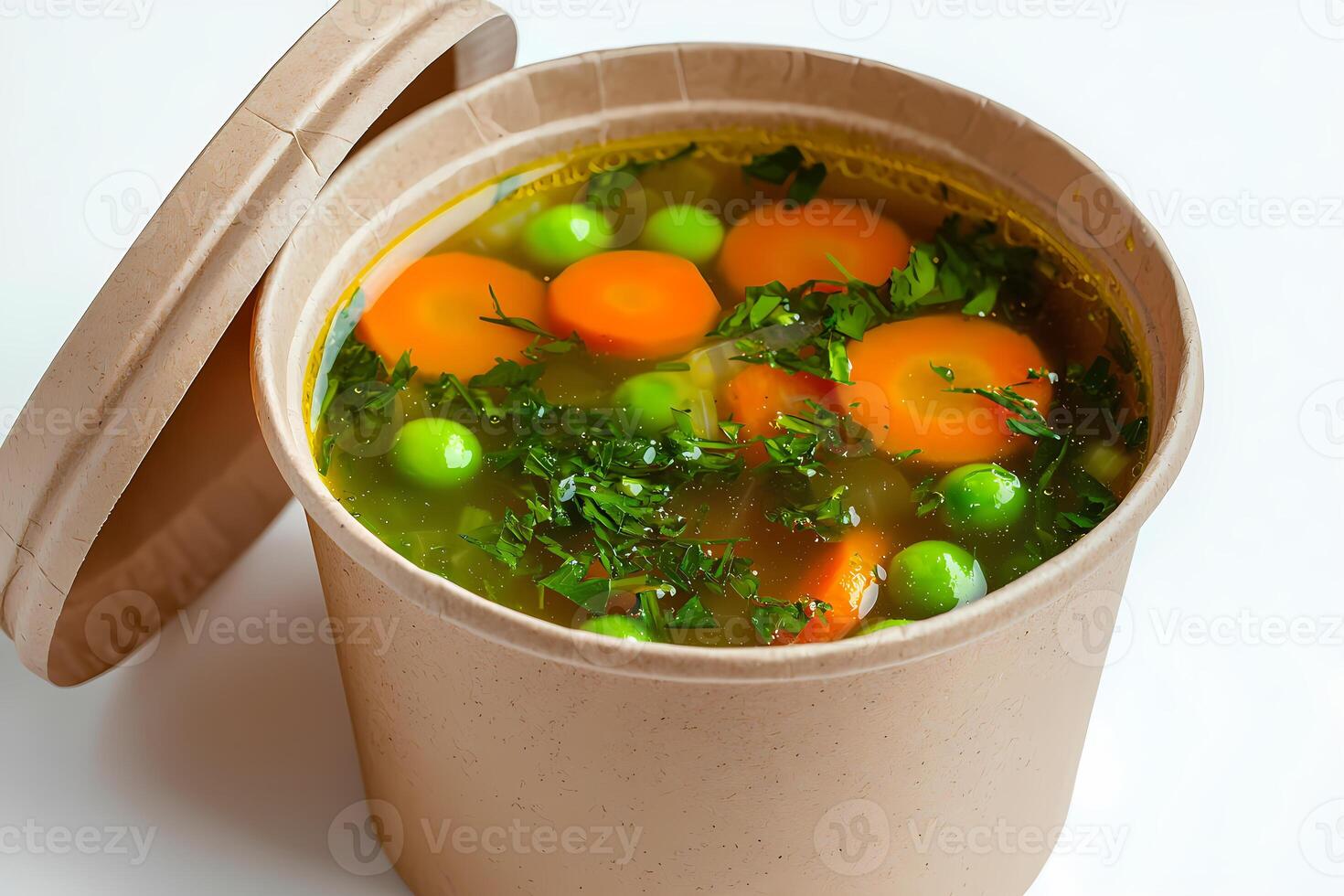 Vegetable soup with carrots and peas served in biodegradable bowl photo