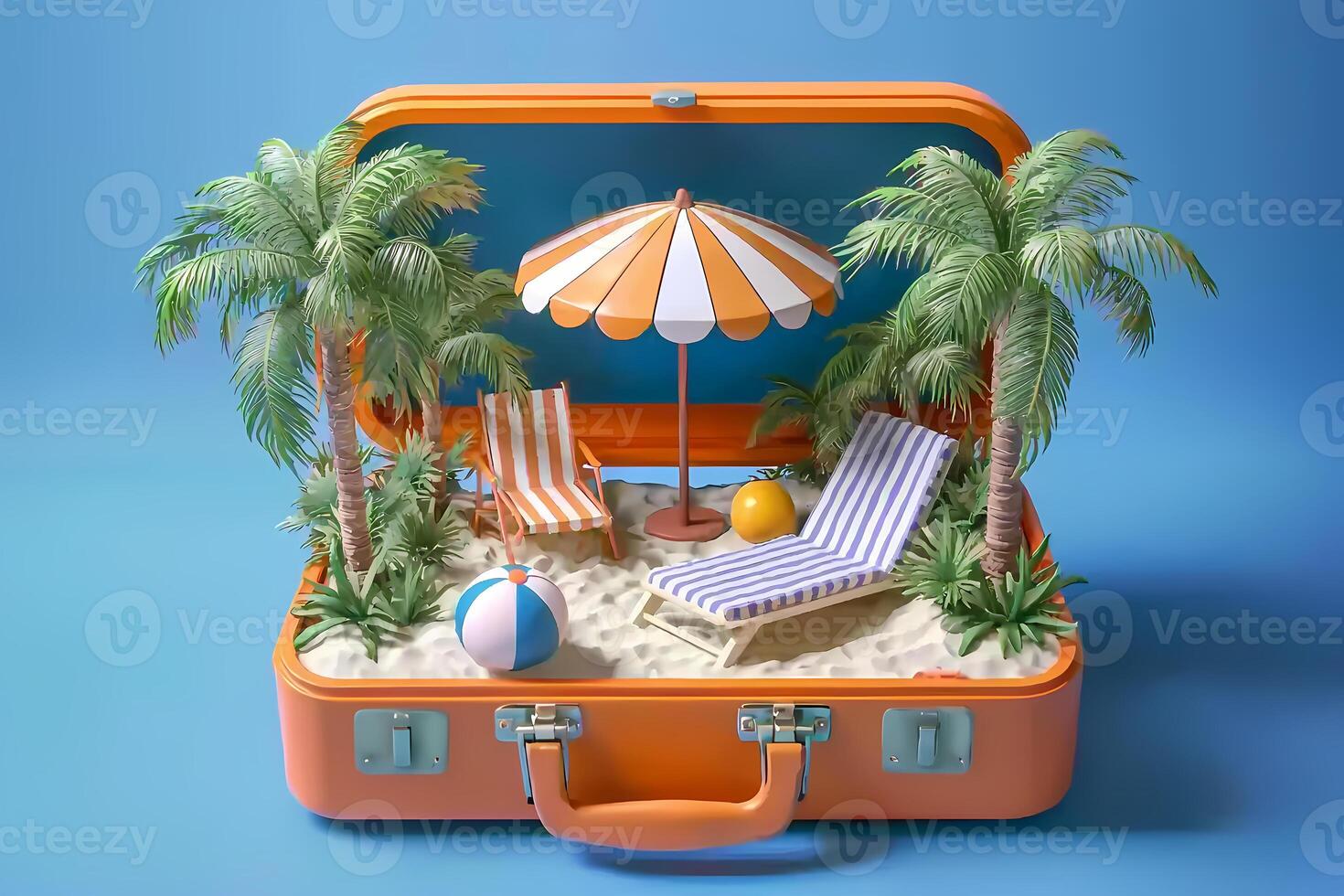 Open suitcase revealing tropical beach paradise with palm trees and lounge chairs photo
