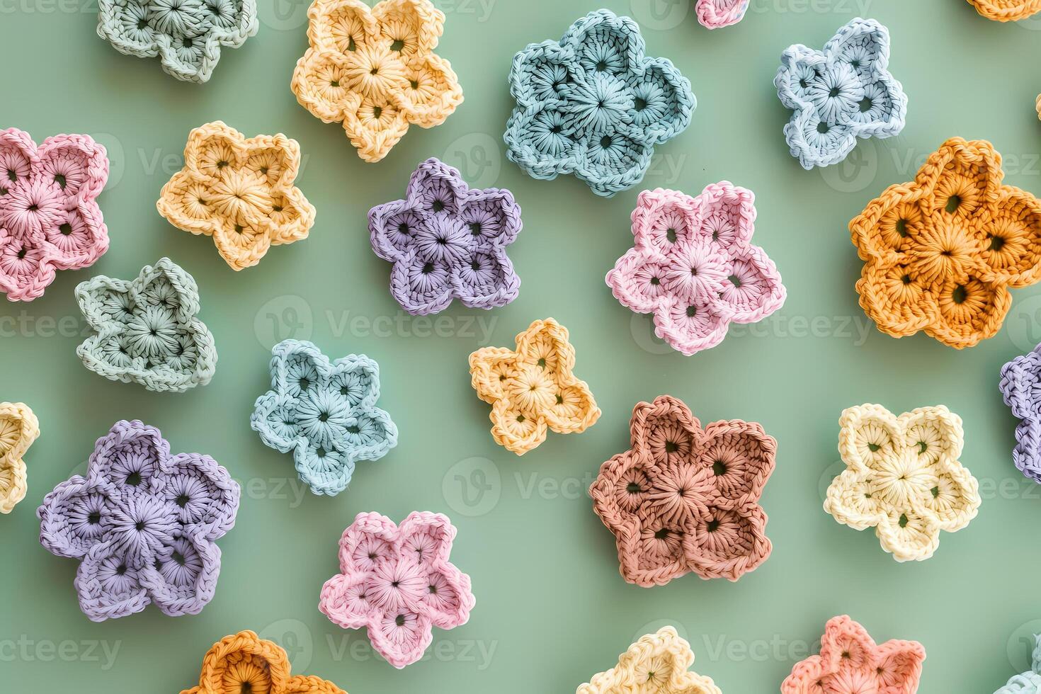 Colorful crochet flowers arranged on a green background, representing spring and handmade crafts photo