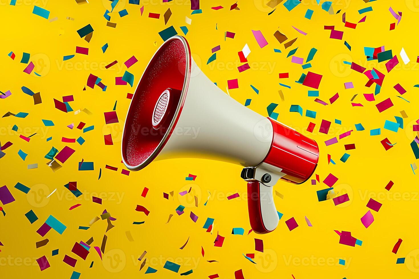 Megaphone announcing big news with falling confetti on yellow background photo