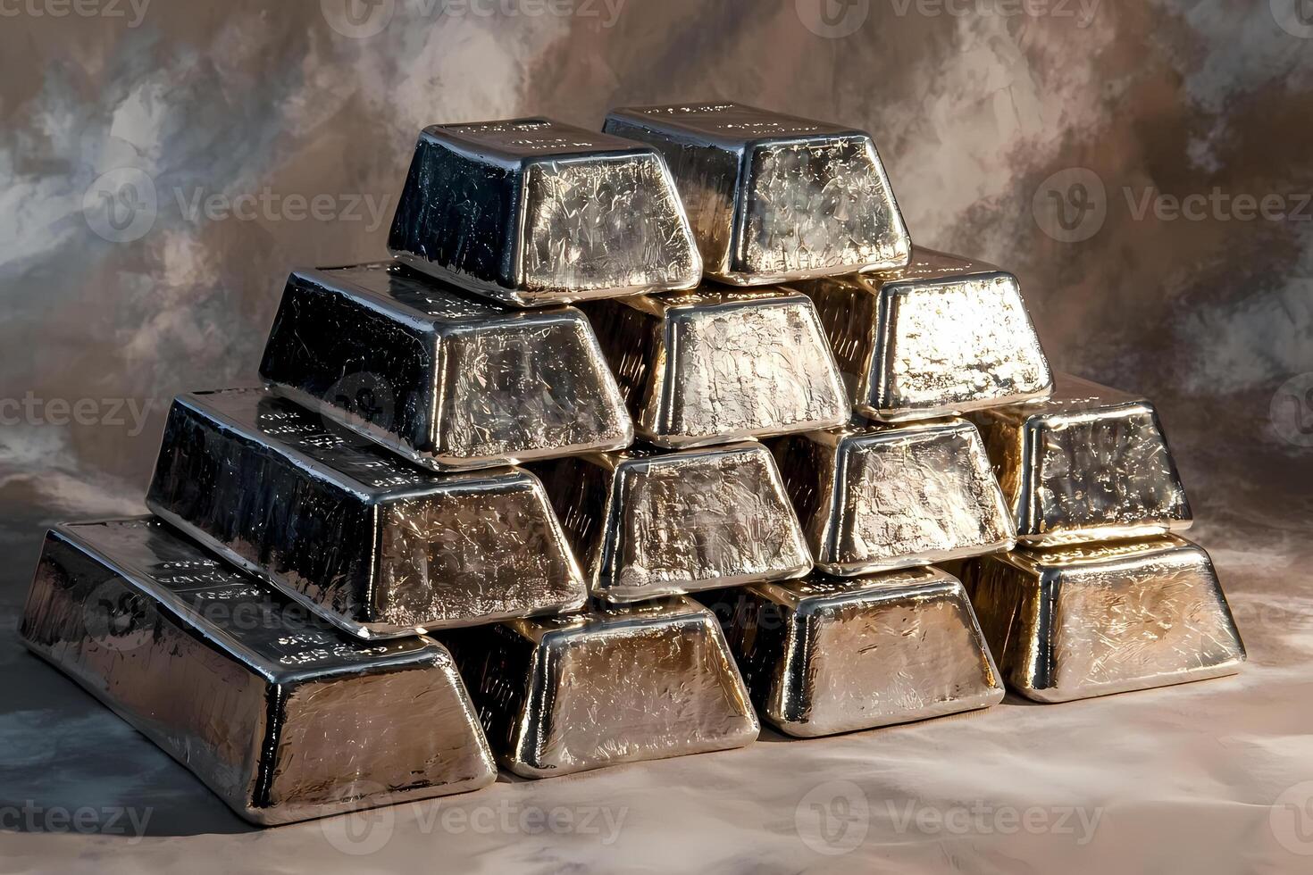 Stack of silver bars forming a pyramid on textured background photo