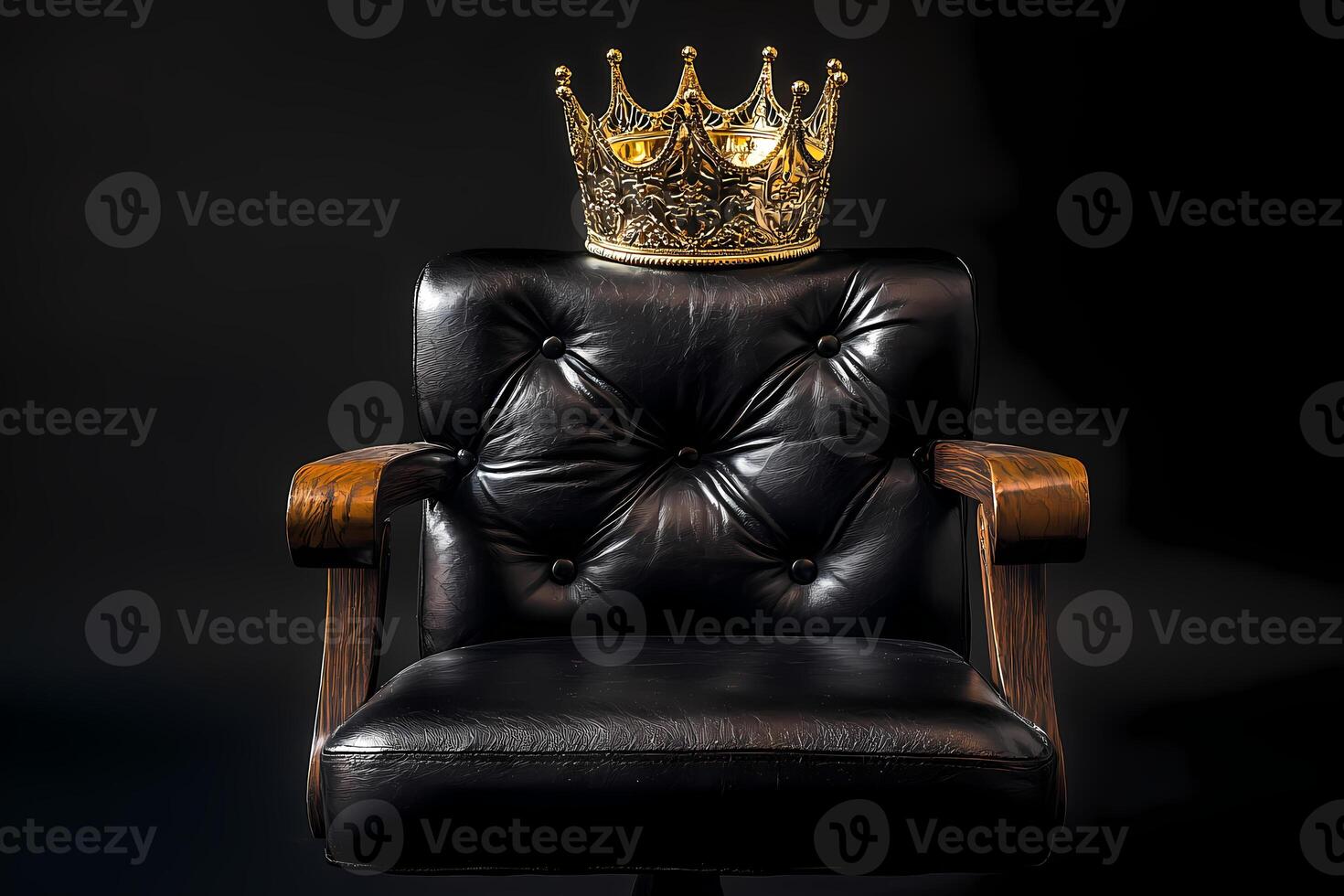 Golden crown resting on luxurious black leather throne chair photo
