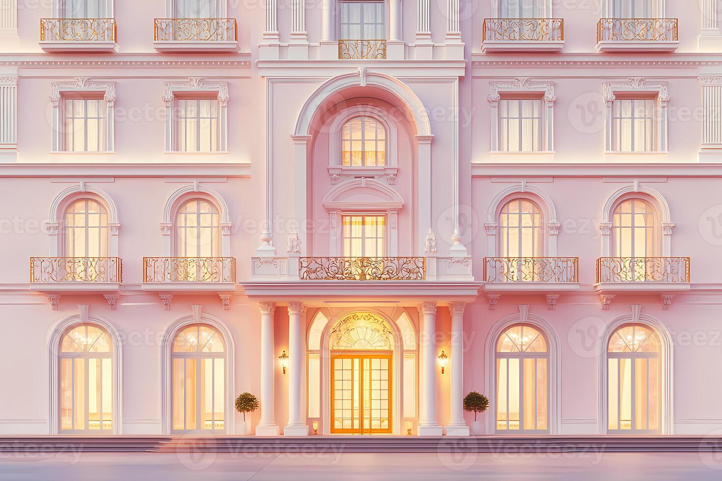 Luxurious pink palace with golden balcony and illuminated entrance photo