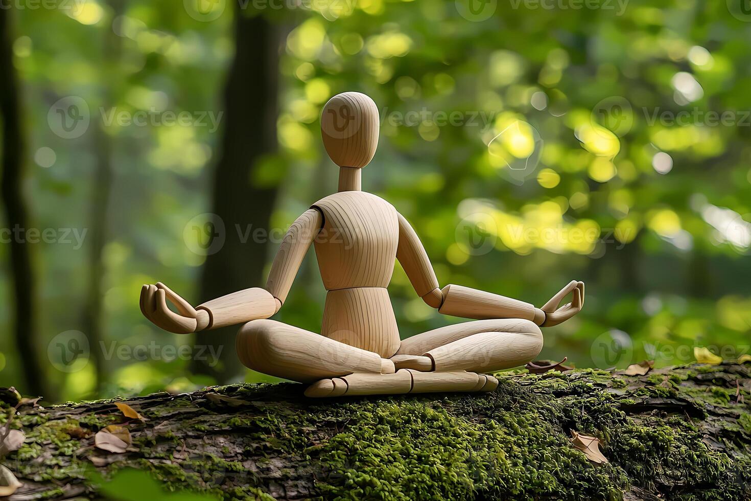 Wooden mannequin meditating in the lotus position on mossy tree trunk in lush forest photo