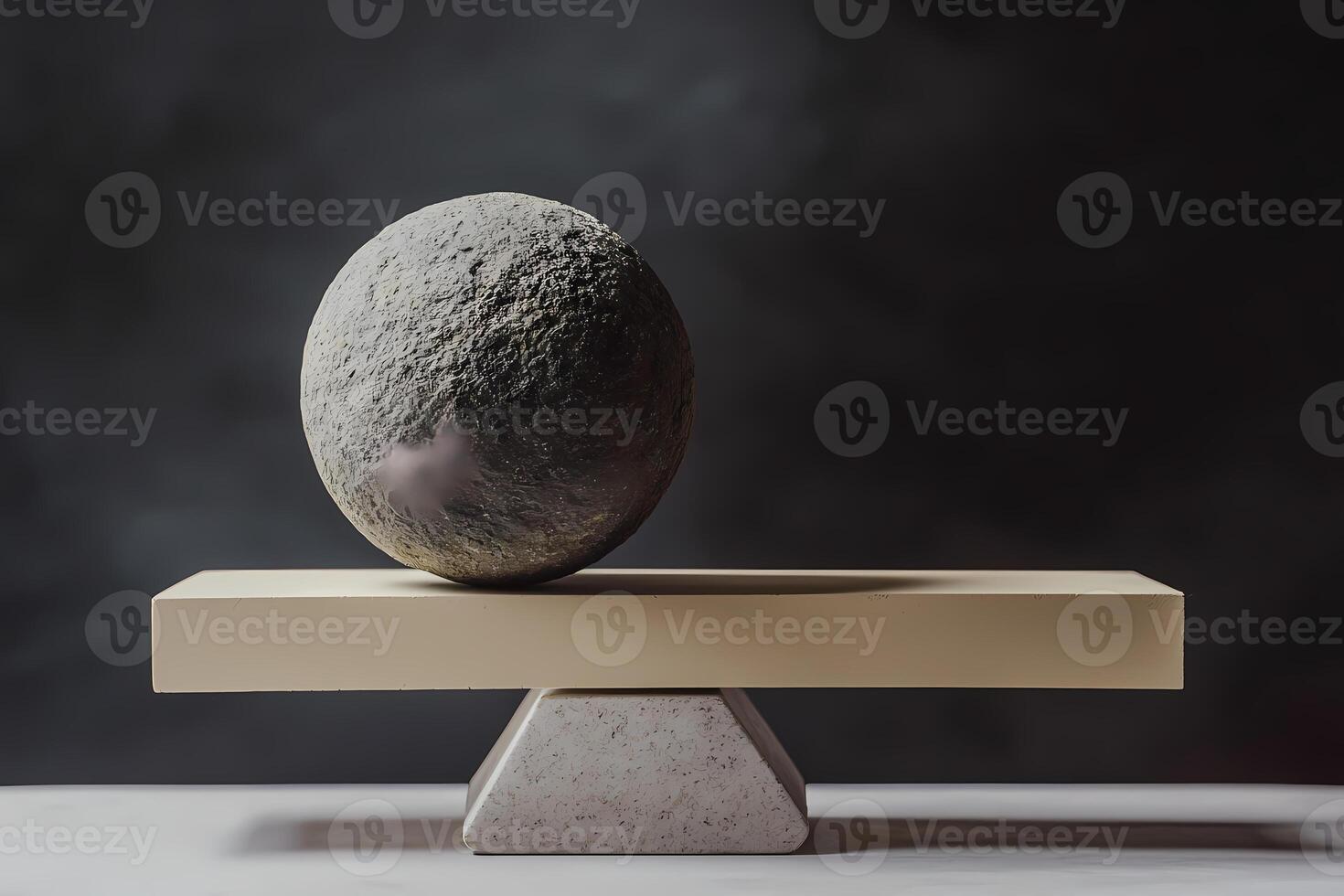 Balancing act, stone sphere on seesaw symbolizing equilibrium and precision photo