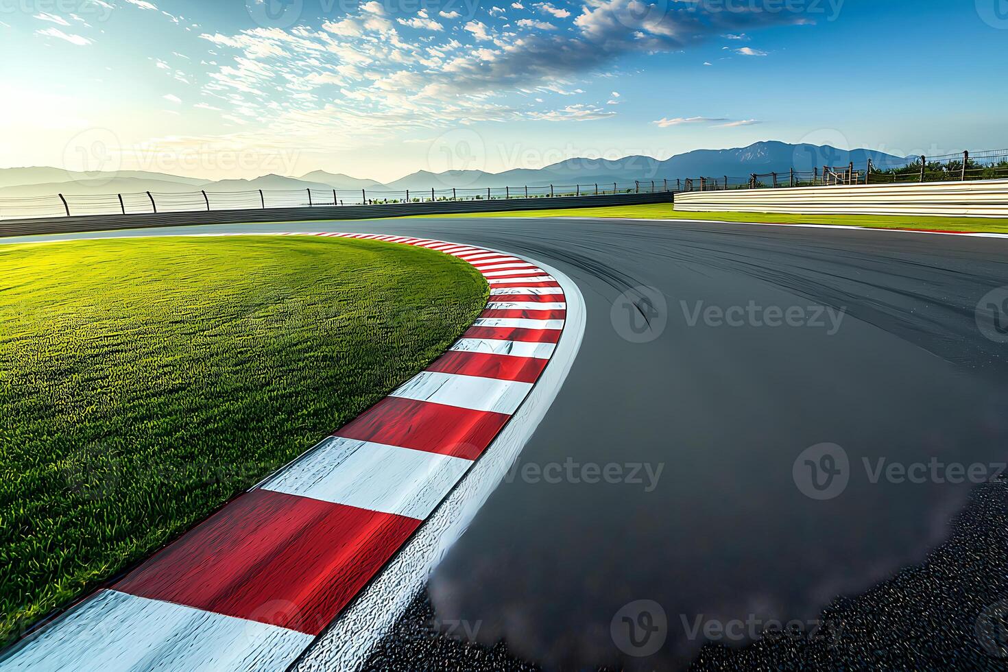Motion blur on a racing track curve at sunrise with mountains photo