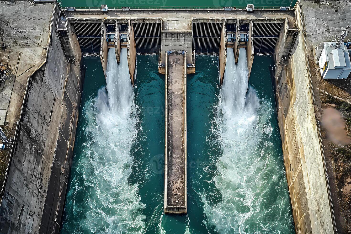 Water dam releasing water, creating powerful streams and turbulent flow photo