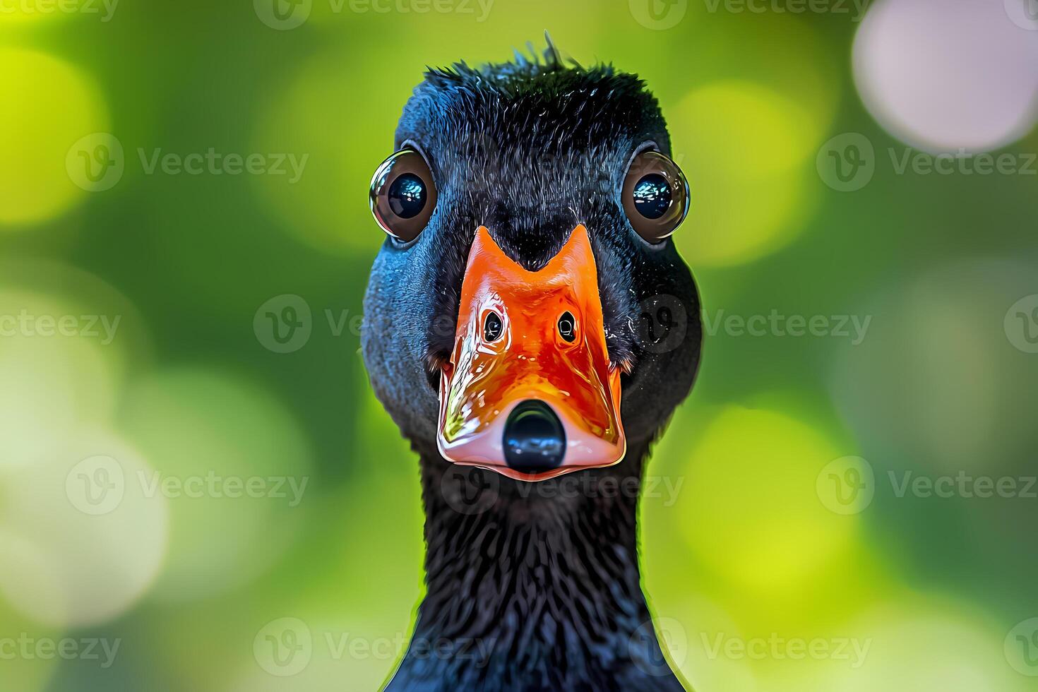 Black cayuga duck staring with big eyes and orange beak photo