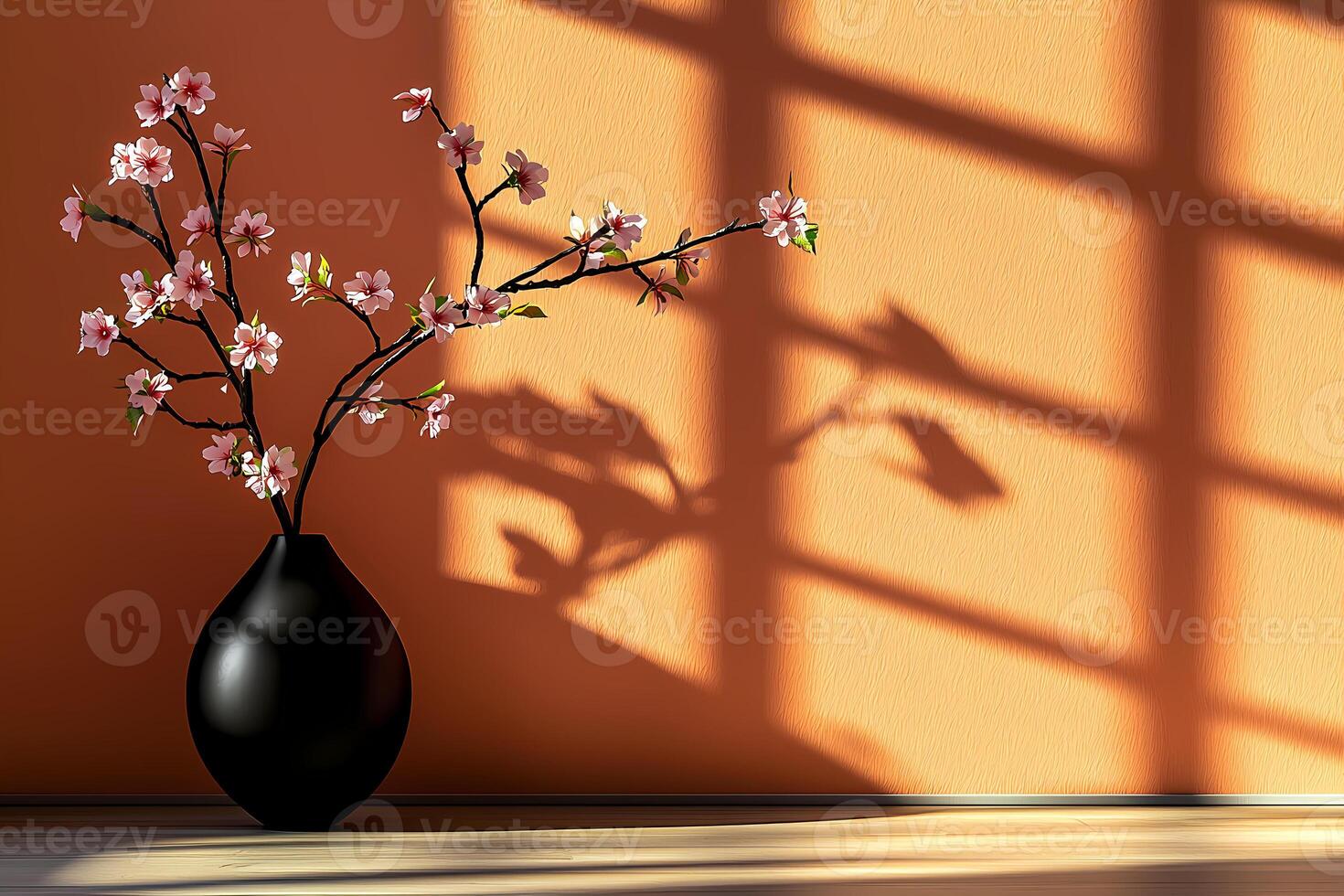 Cherry blossom branch in black vase casting shadow on orange wall photo