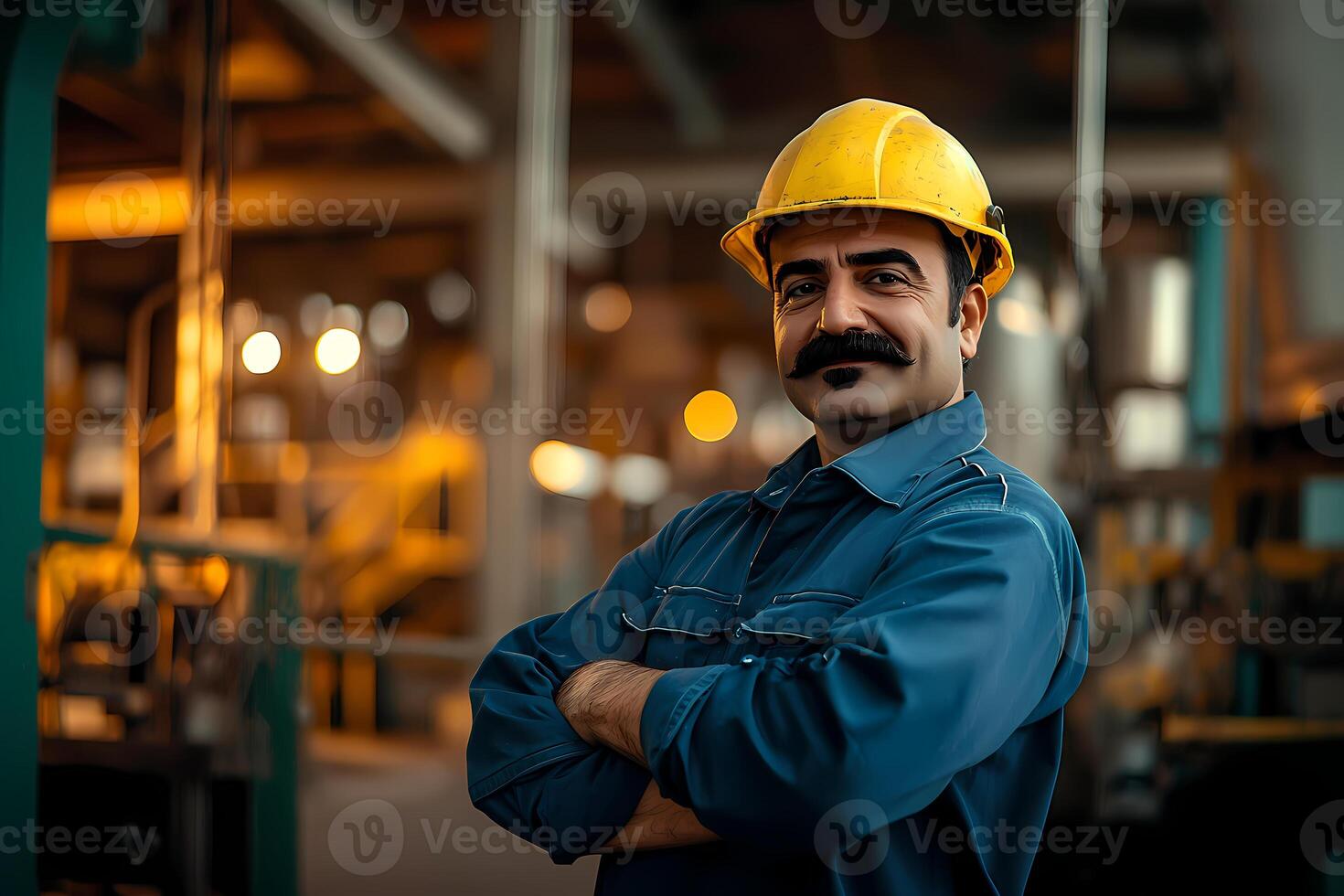Smiling industrial worker with crossed arms in factory setting photo