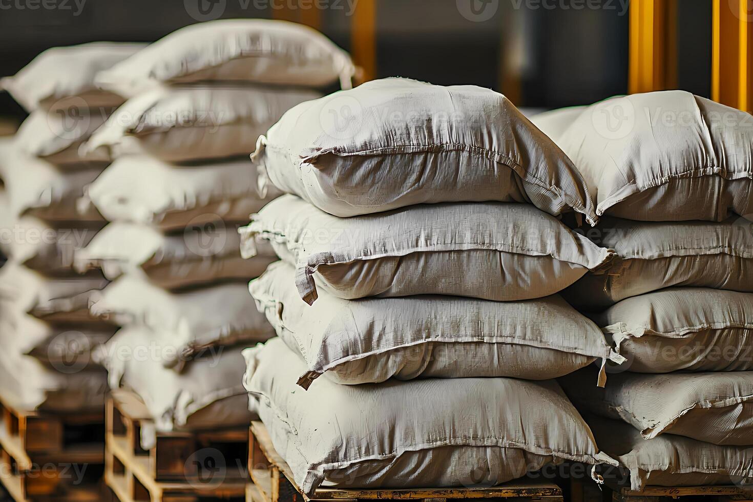 Sacks of flour stacked on pallets in warehouse storage area photo