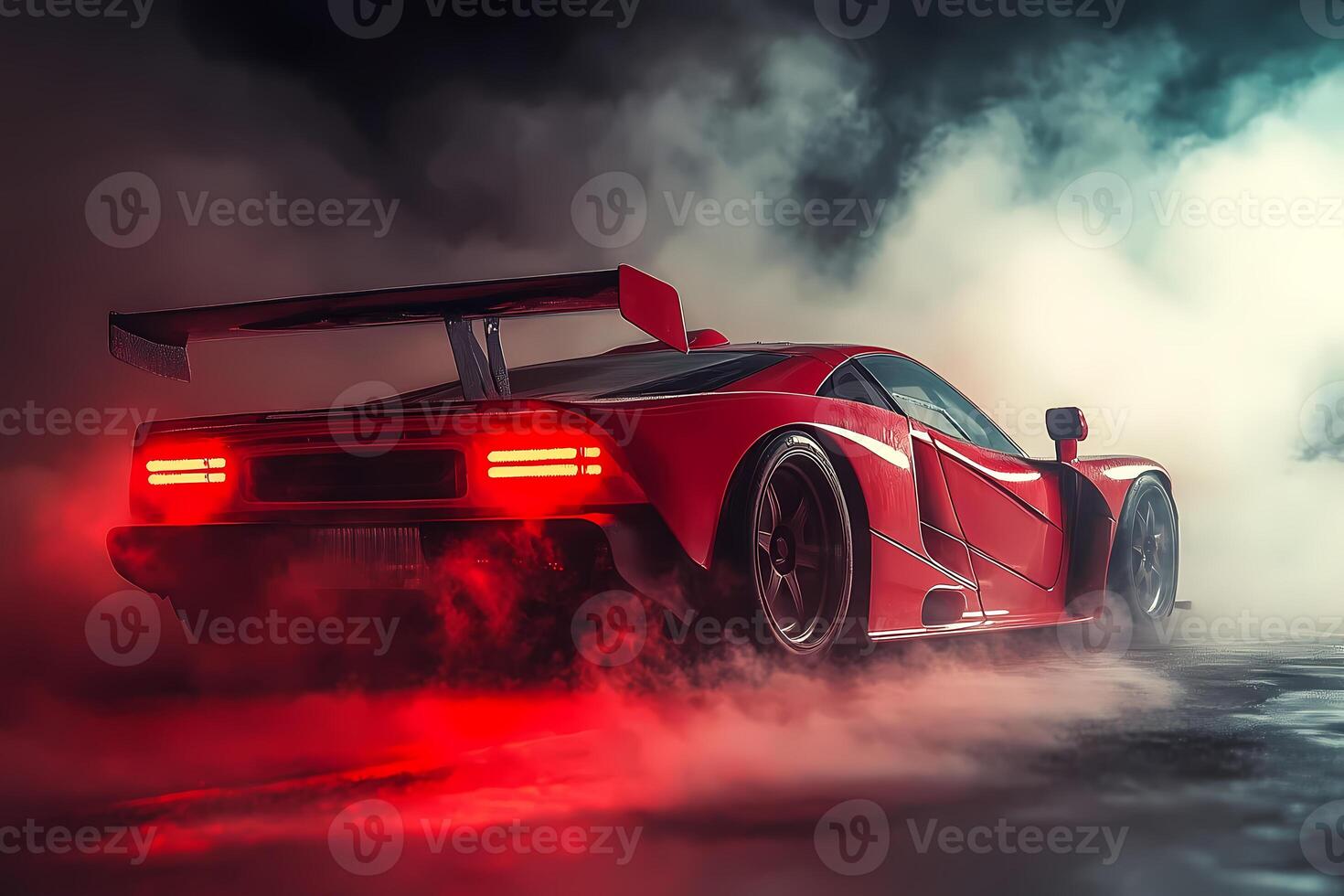 Red racing car leaving smoke on asphalt at night photo