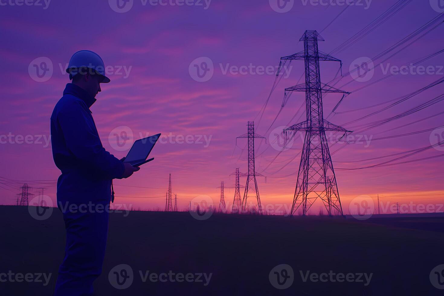 Electrical engineer working with laptop at sunset near power lines photo