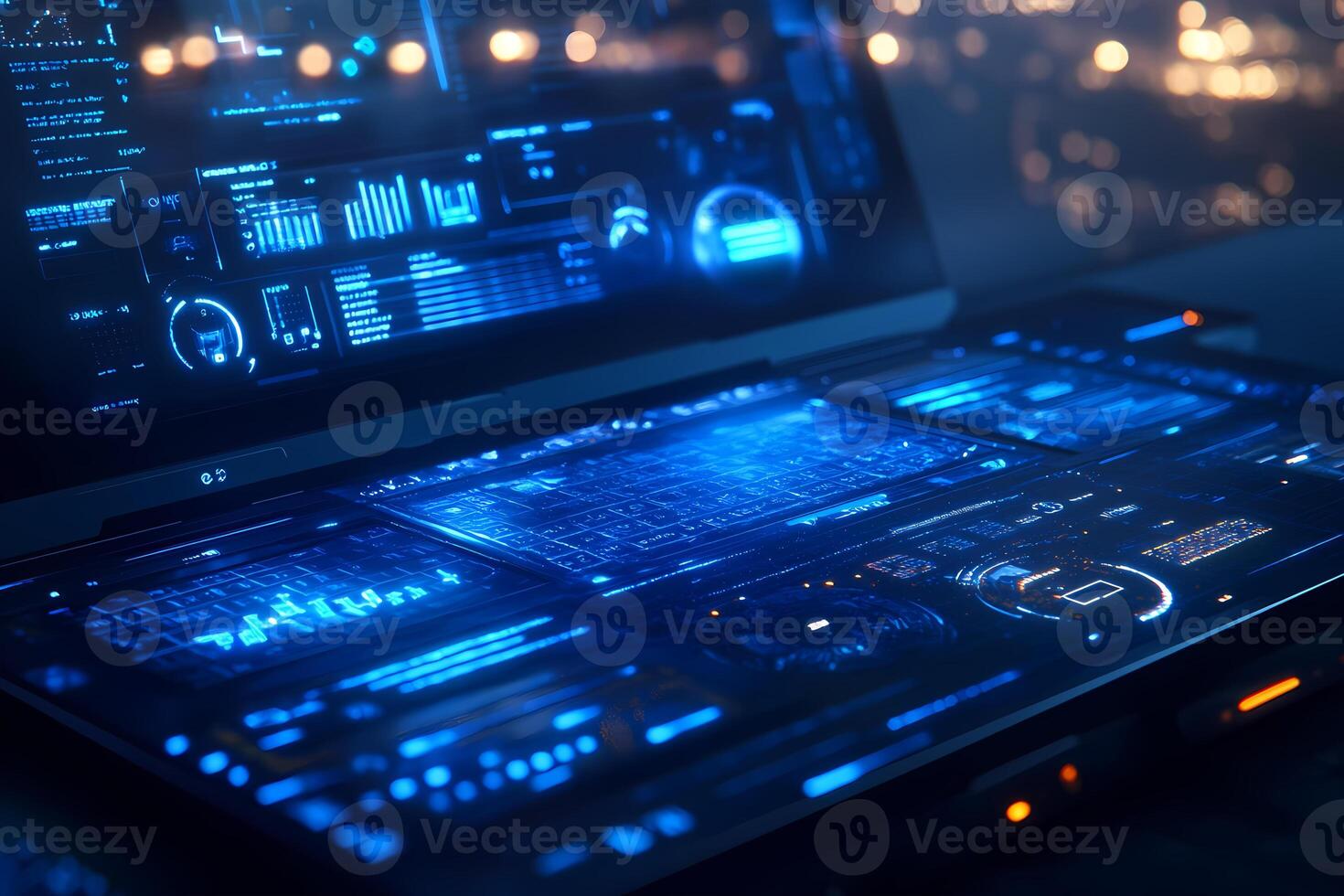 Futuristic laptop showing complex data analysis and statistics with holographic display photo