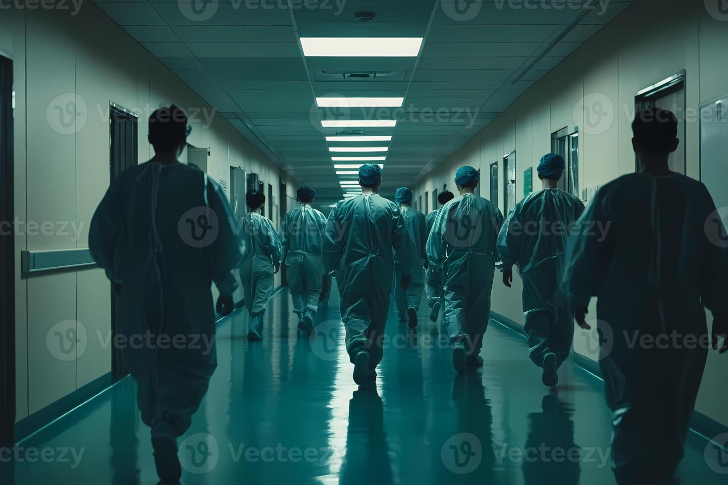 Medical team walking down hospital corridor during emergency photo