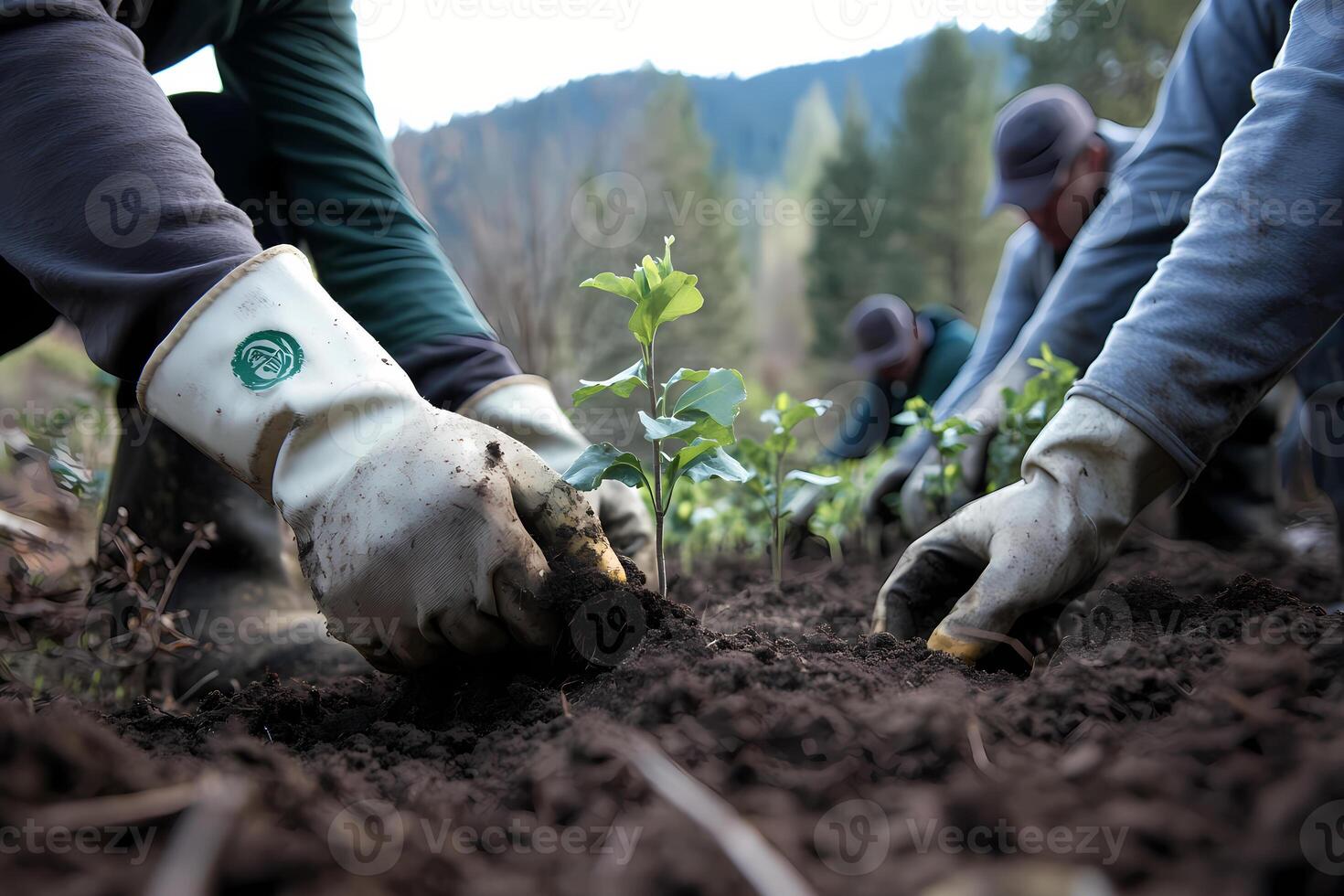 Gardeners planting young trees in fertile soil on a reforestation project photo