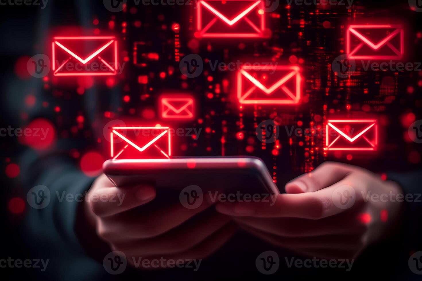 Hacker receiving many spam emails on smartphone with futuristic digital background photo