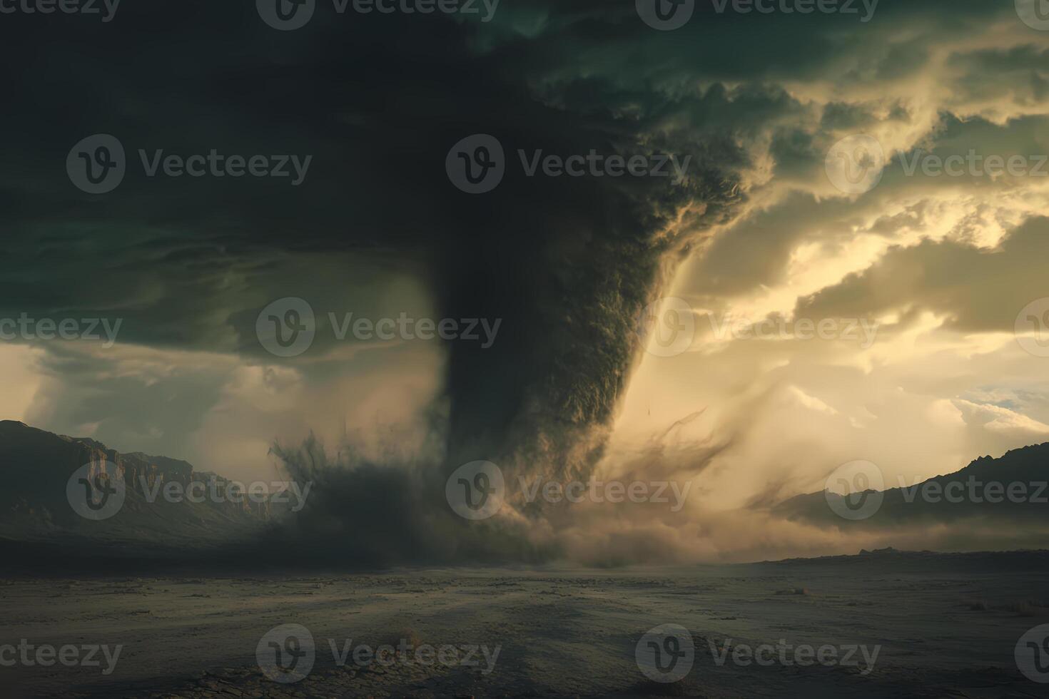 Huge tornado destroying desert landscape at sunset photo