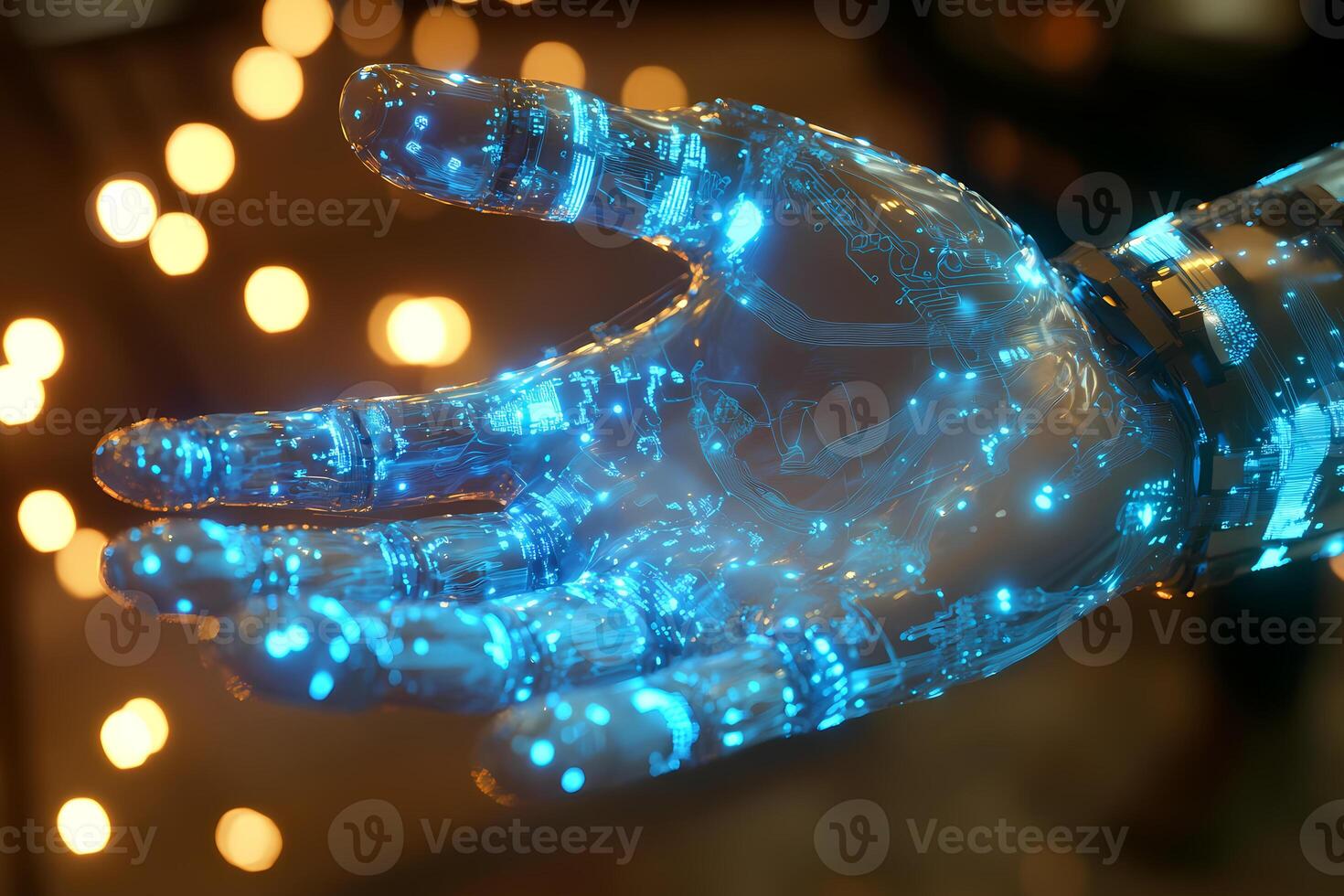 Transparent robotic hand reaching out with futuristic technology photo